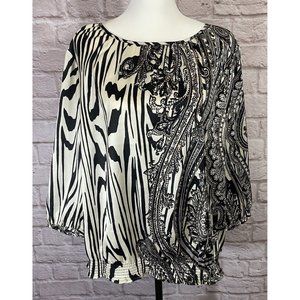 CHICOS 3 XL Blouson Top Satin Floral Scroll Print Ivory Black Tan Shirt EUC 9033